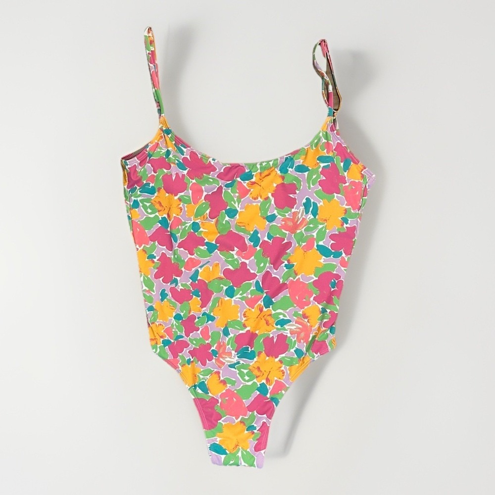 Cotton On Thin Strap Low Scoop  One-Piece Cheeky Swimsuit, Floral Print, Large